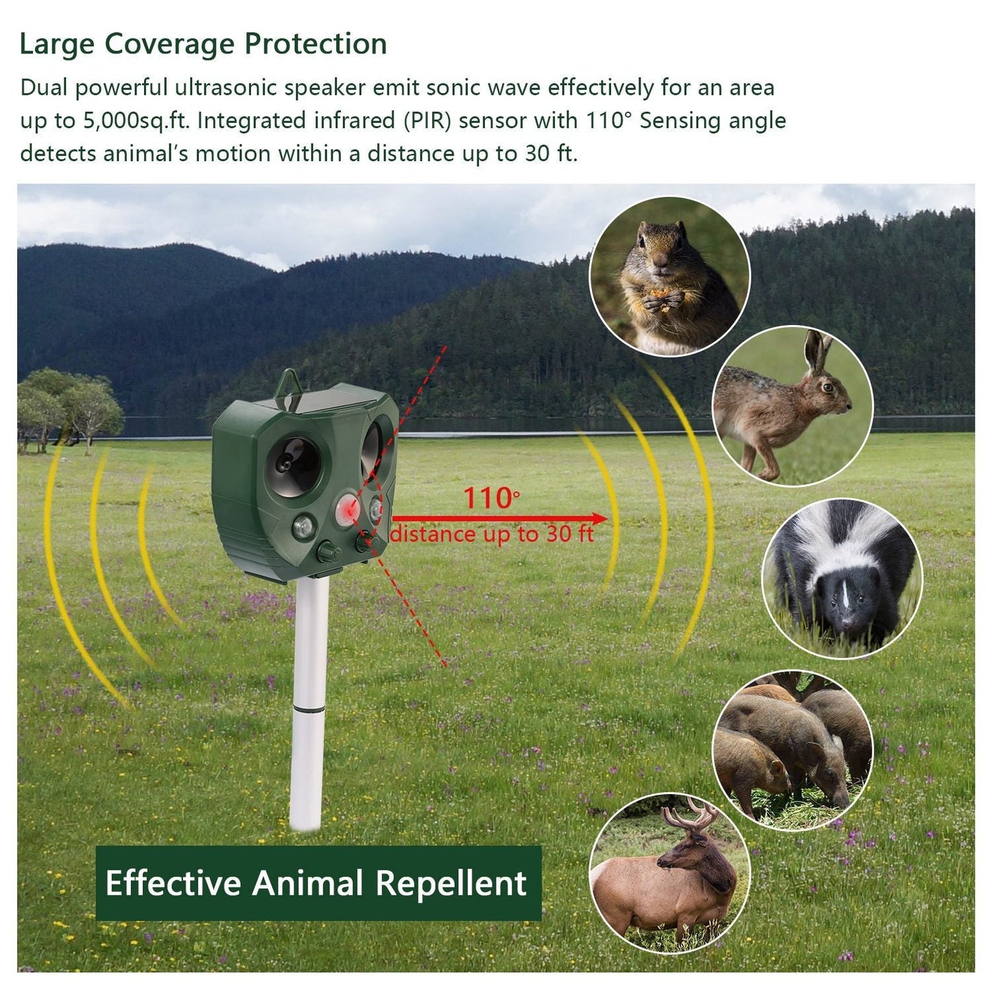 Ultrasonic Animal Repeller Solar Powered Repellent with Motion Sensor LED Flashing Lights IPX6 Waterproof Outdoor for Farm Garden Yard