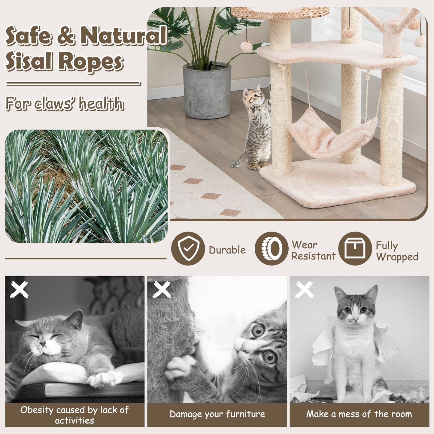 Multi-Level Cat Tree with Condo Hammock and Rotatable Hanging Balls-Natural