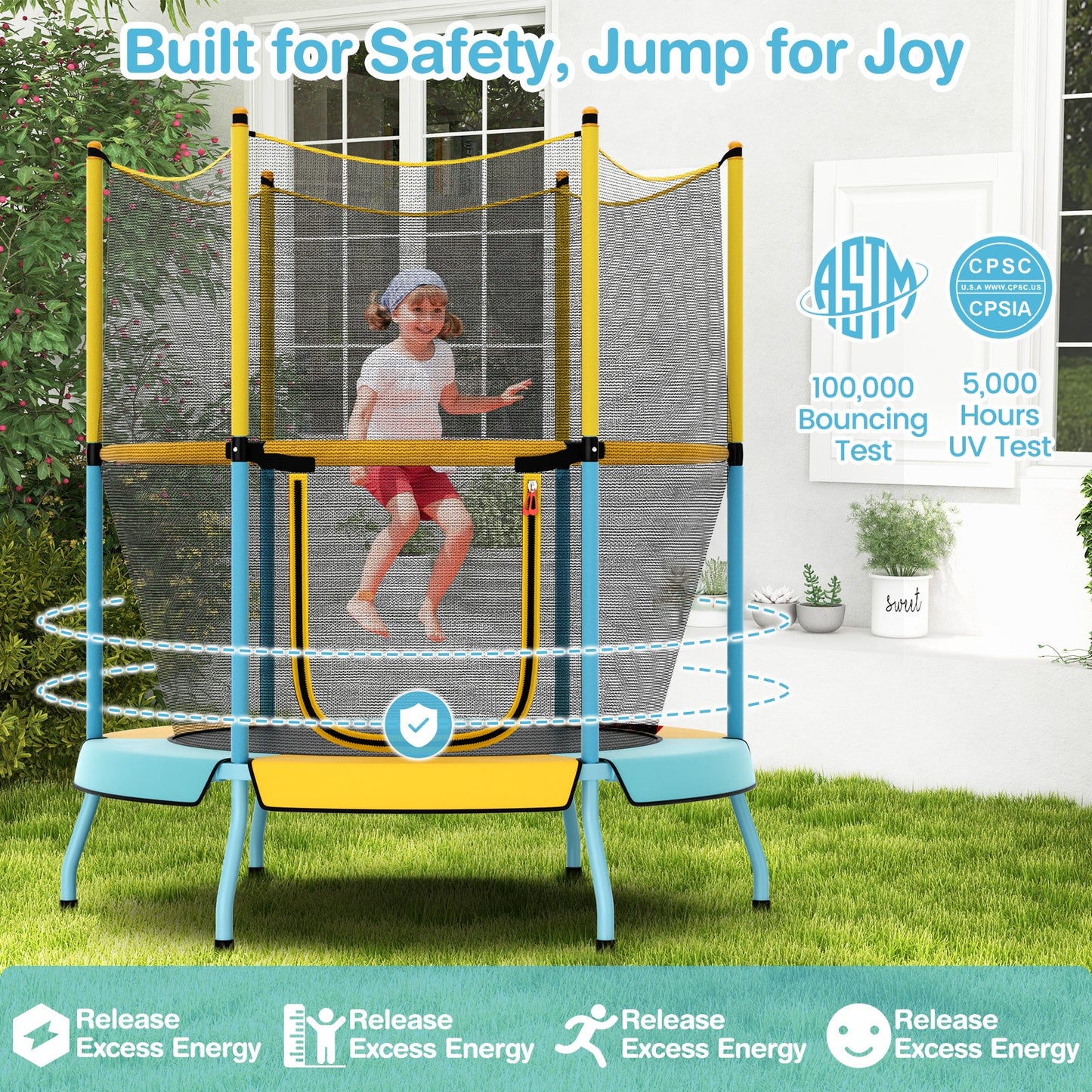 48 Inch Toddler Trampoline with Safety Enclosure Net-Yellow