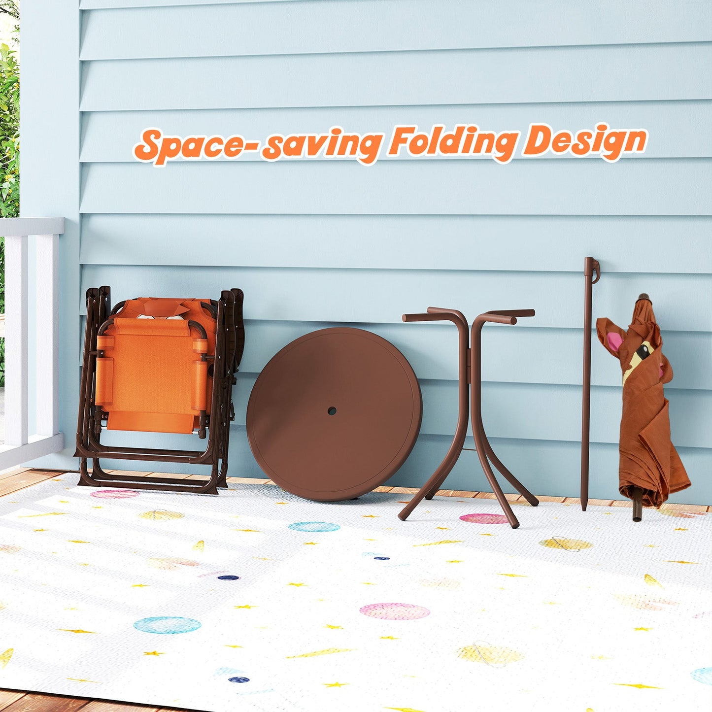 4 Pieces Kids Picnic Set with 2 Folding Chairs and Height Adjustable Umbrella-Brown