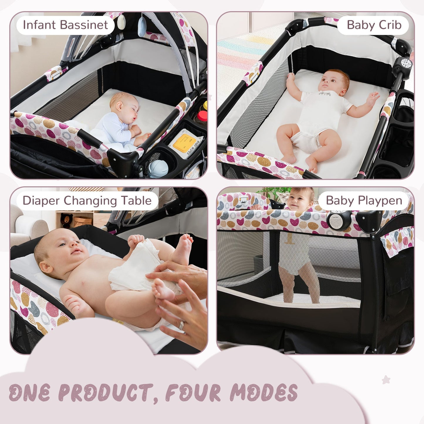 4 in 1 Portable Pack and Play Baby Nursery Center with Bassinet-Purple