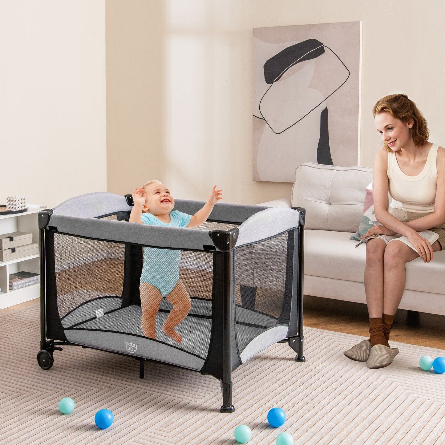 5-in-1 Portable Baby Playard with Cradle and Storage Basket-Black