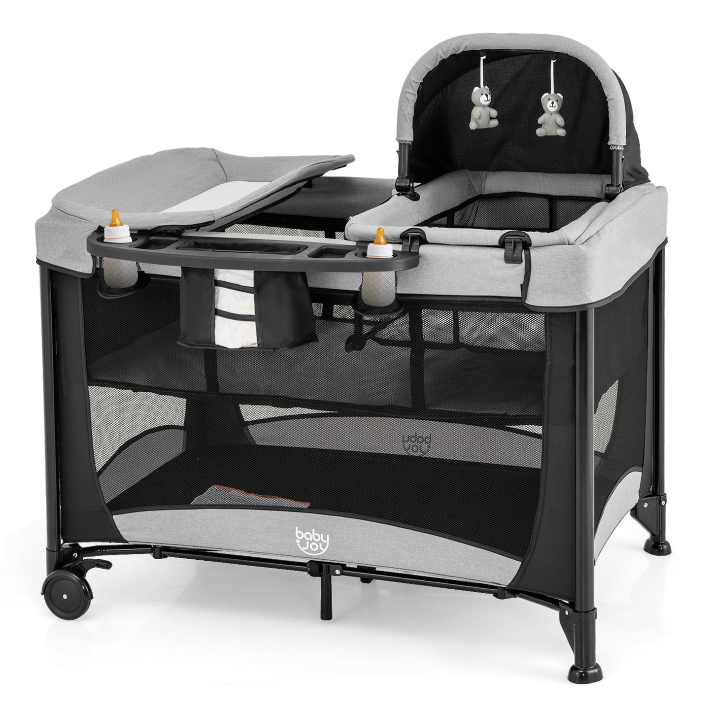 5-in-1 Portable Baby Playard with Cradle and Storage Basket-Black