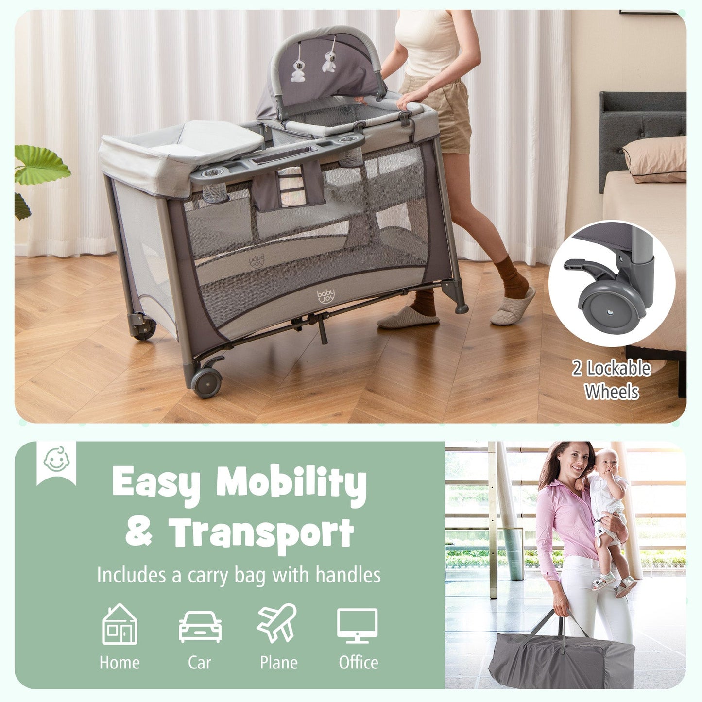 5-in-1 Portable Baby Playard with Cradle and Storage Basket-Gray