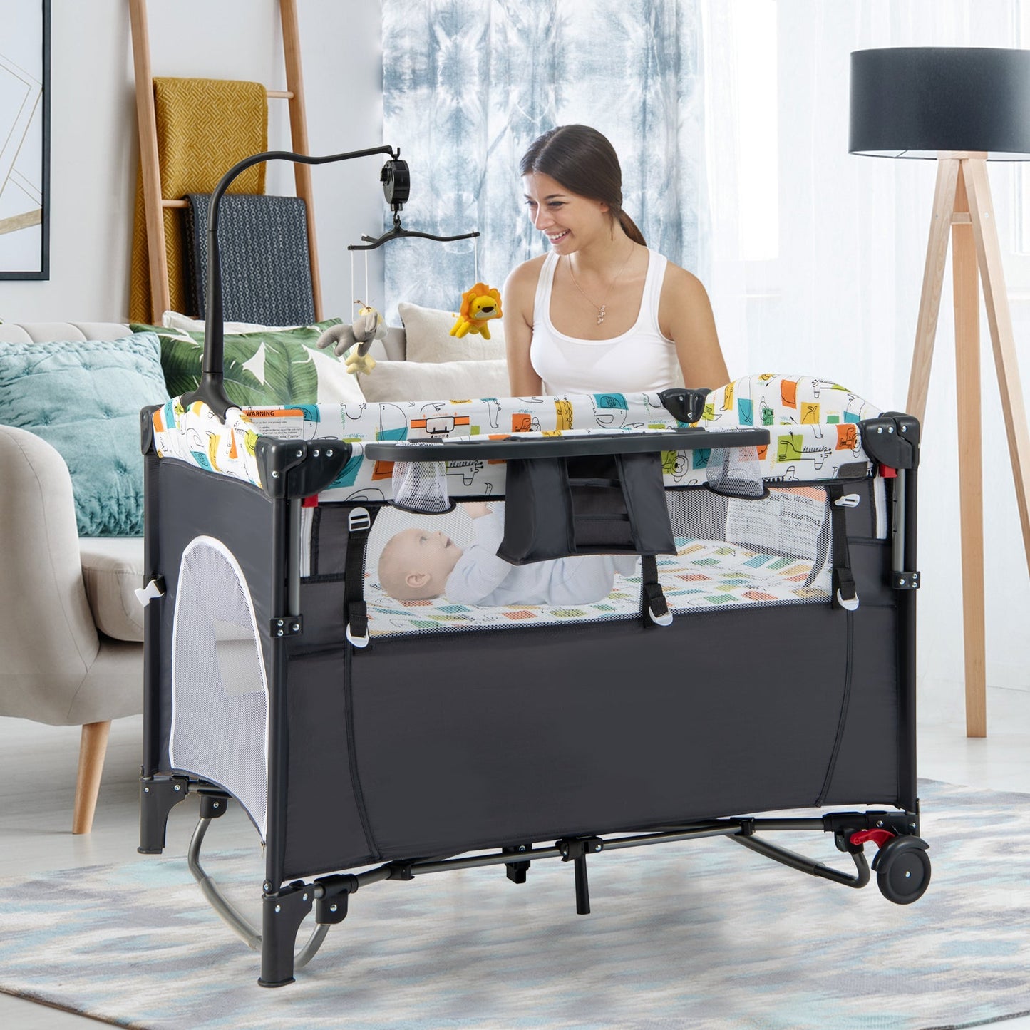 5-in-1 Baby Nursery Center Foldable Toddler Bedside Crib with Music Box-Gray