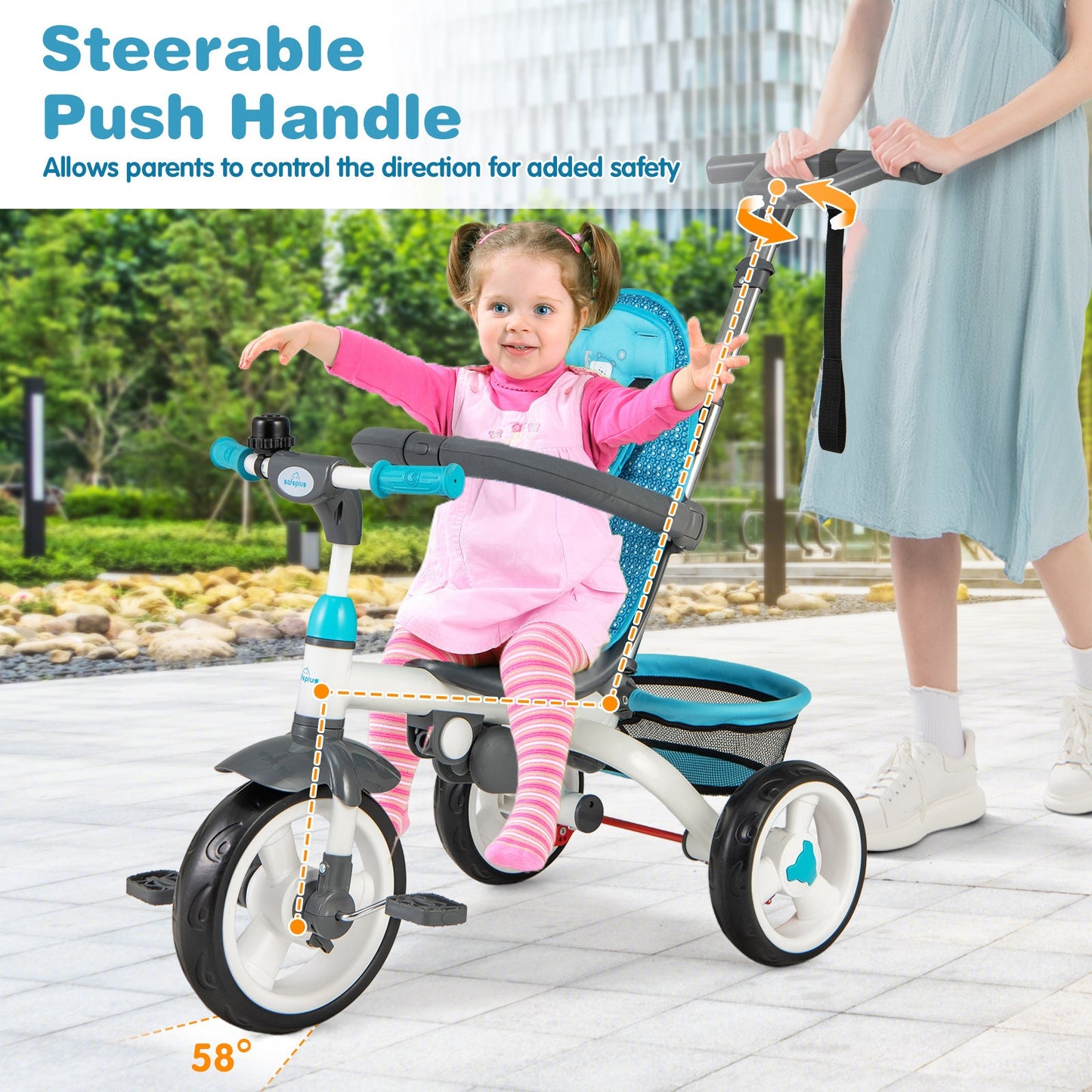 5-in-1 Detachable Baby Stroller Tricycle with Round Canopy-Blue