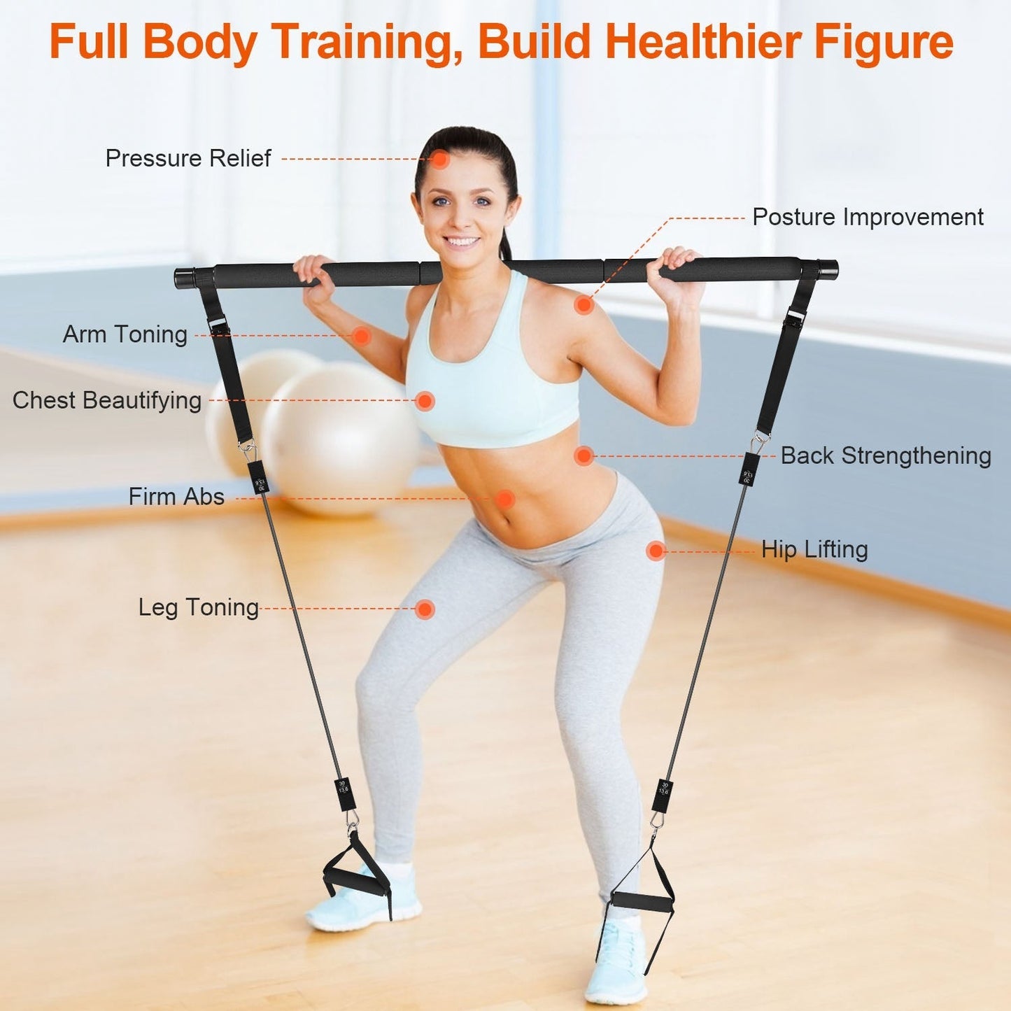 Pilates Bar Kit with 180LBS Resistance Bands Multifunctional Pilates Yoga Toning Bar Full Body Exercise Equipment Set for Beginners Intermediates Prof
