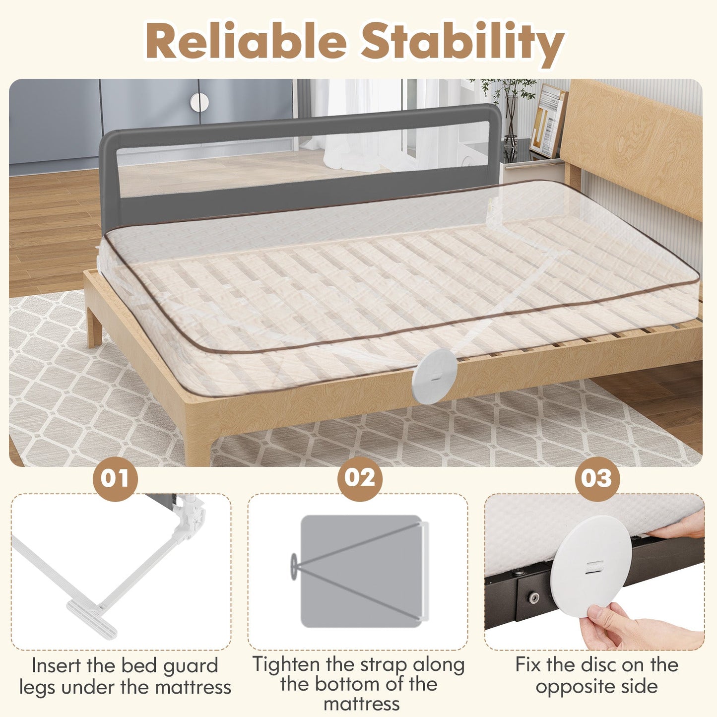 71 Inch Extra Long Swing Down Bed Guardrail with Safety Straps-Gray