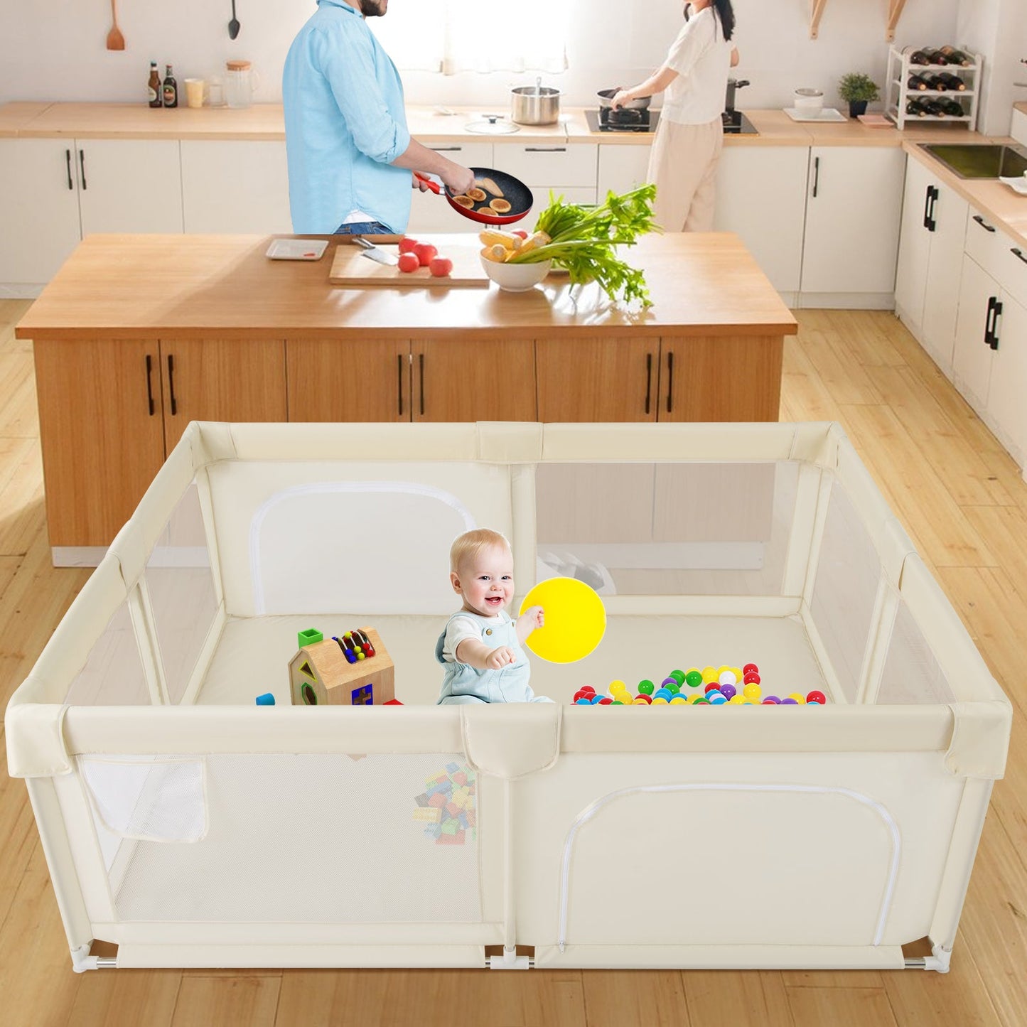 75 x 59 Inch Large Baby Playpen with Breathable Mesh and Zipper Doors-Beige
