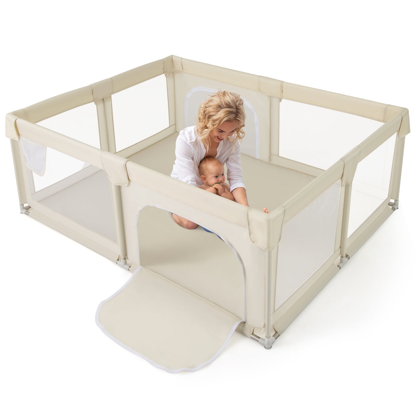75 x 59 Inch Large Baby Playpen with Breathable Mesh and Zipper Doors-Beige