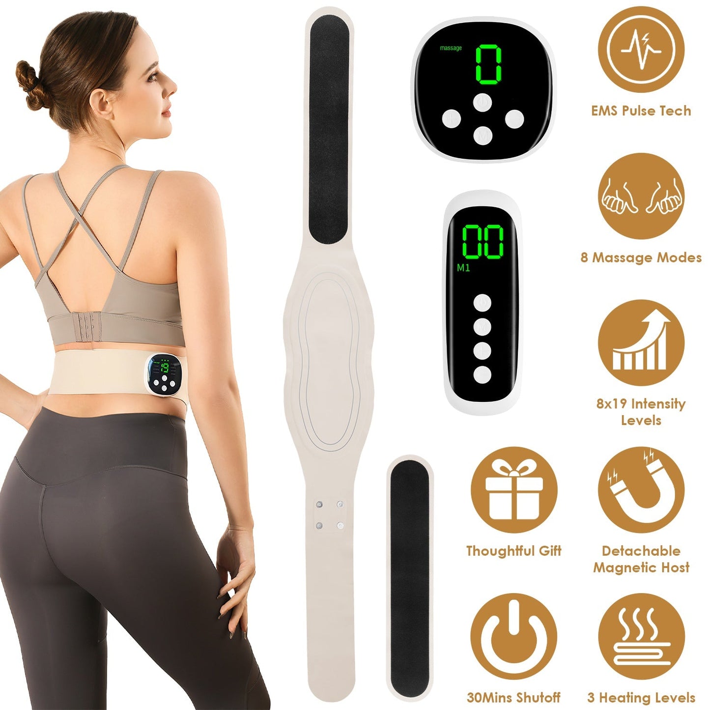 EMS Lower Back Massager Heating Pad Cordless Heating Pad for Back Belly Waist with Remote Magnetic Host 8 Modes 19 Intensity Levels 3 Heating Levels