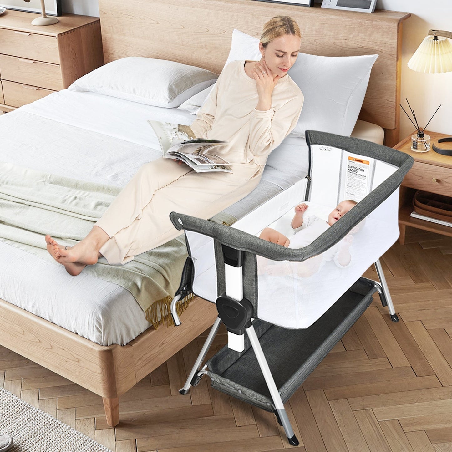 Adjustable Baby Bedside Crib with Large Storage-Dark Gray