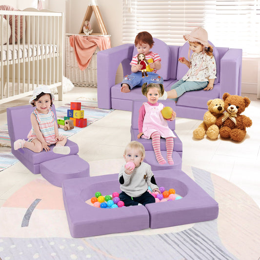8-Piece Modular Kids Play Couch with Comfy Suede Fabric-Purple