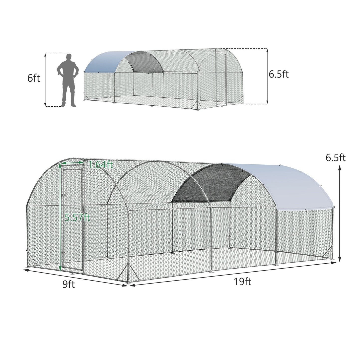 6.2 Feet/12.5 Feet/19 Feet Large Metal Chicken Coop Outdoor Galvanized Dome Cage with Cover-L