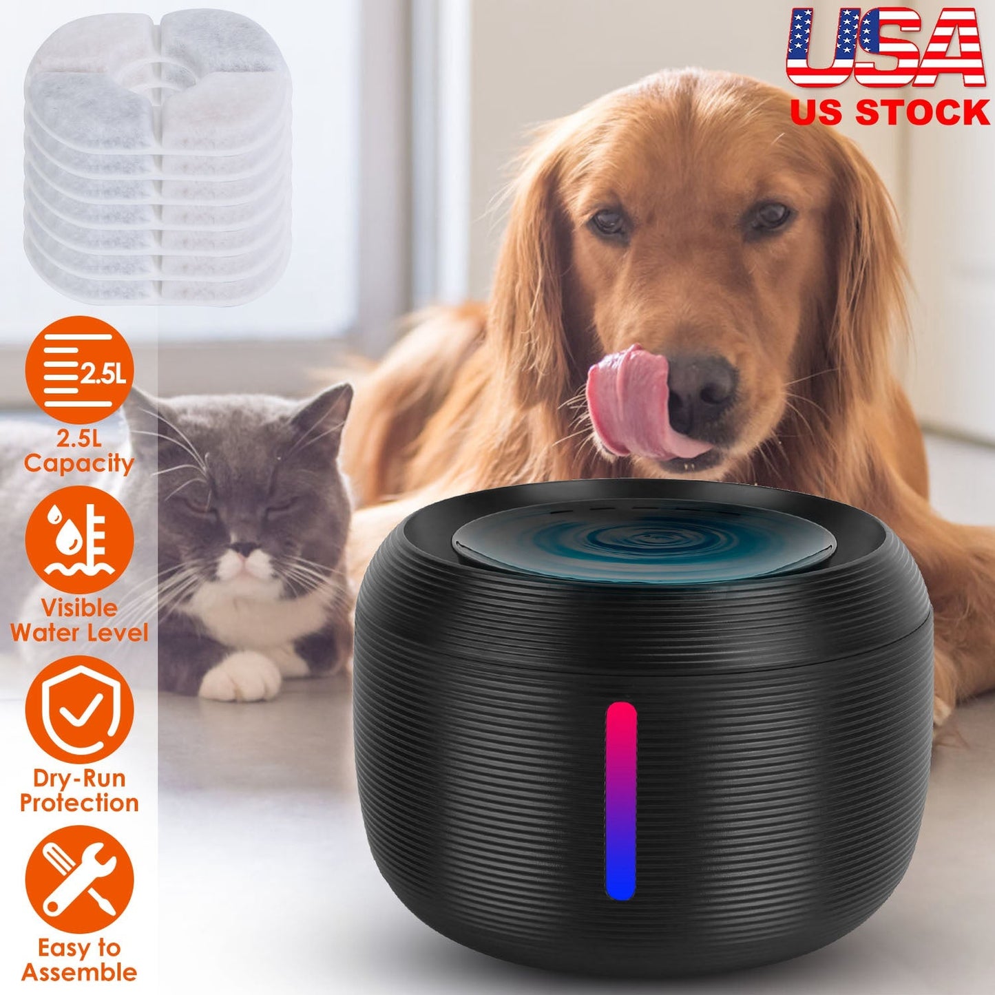 2.5L 84.54OZ Pet Water Fountain Smart Pet Drinking Fountain with LED Light 7 Pack Replaceable Filters Water Level Quiet Pump Dry-Run Protection Cat Do