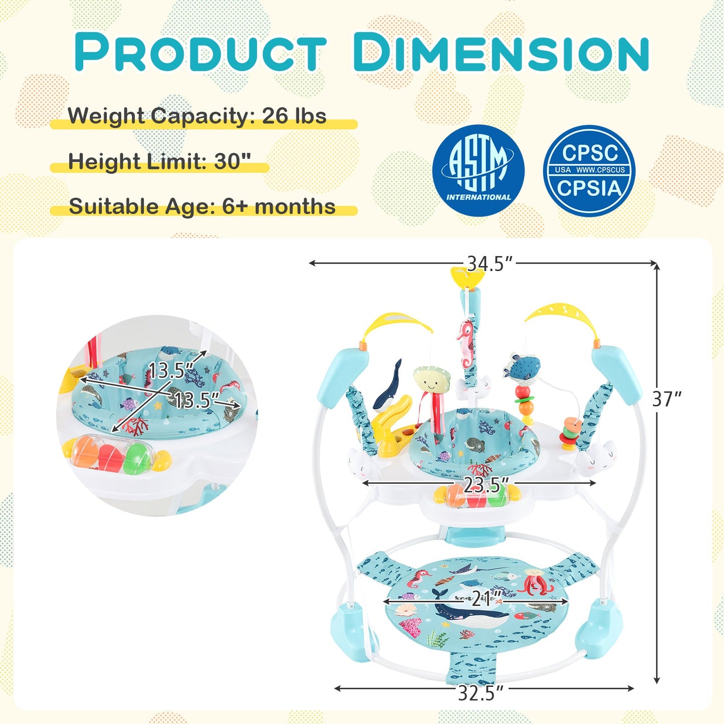 Baby Activity Center Height Adjustable Baby Bouncing Saucer with Interactive Toys-Light Blue