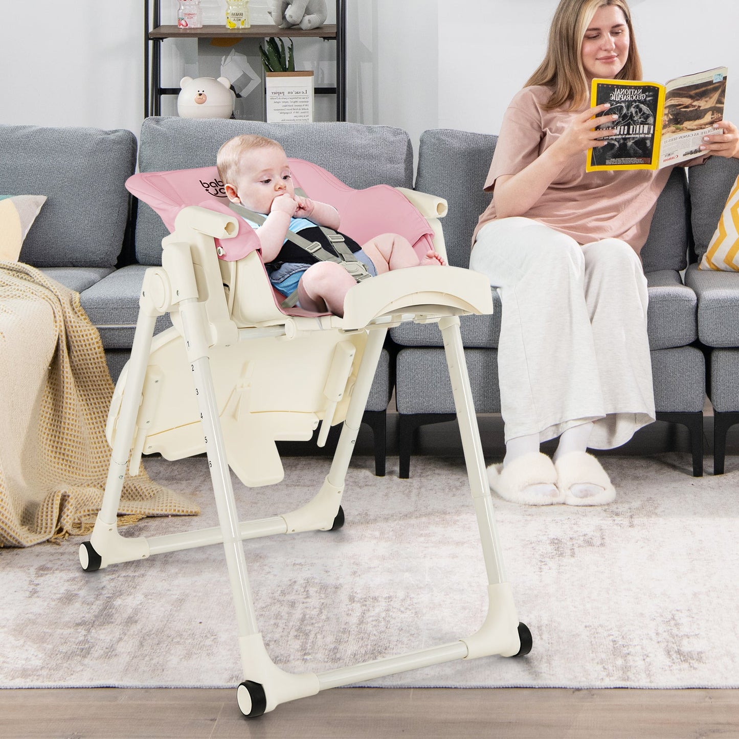 4-in-1 Baby High Chair with 6 Adjustable Heights-Pink