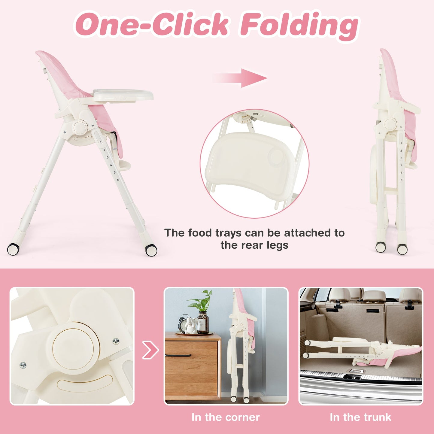 4-in-1 Baby High Chair with 6 Adjustable Heights-Pink
