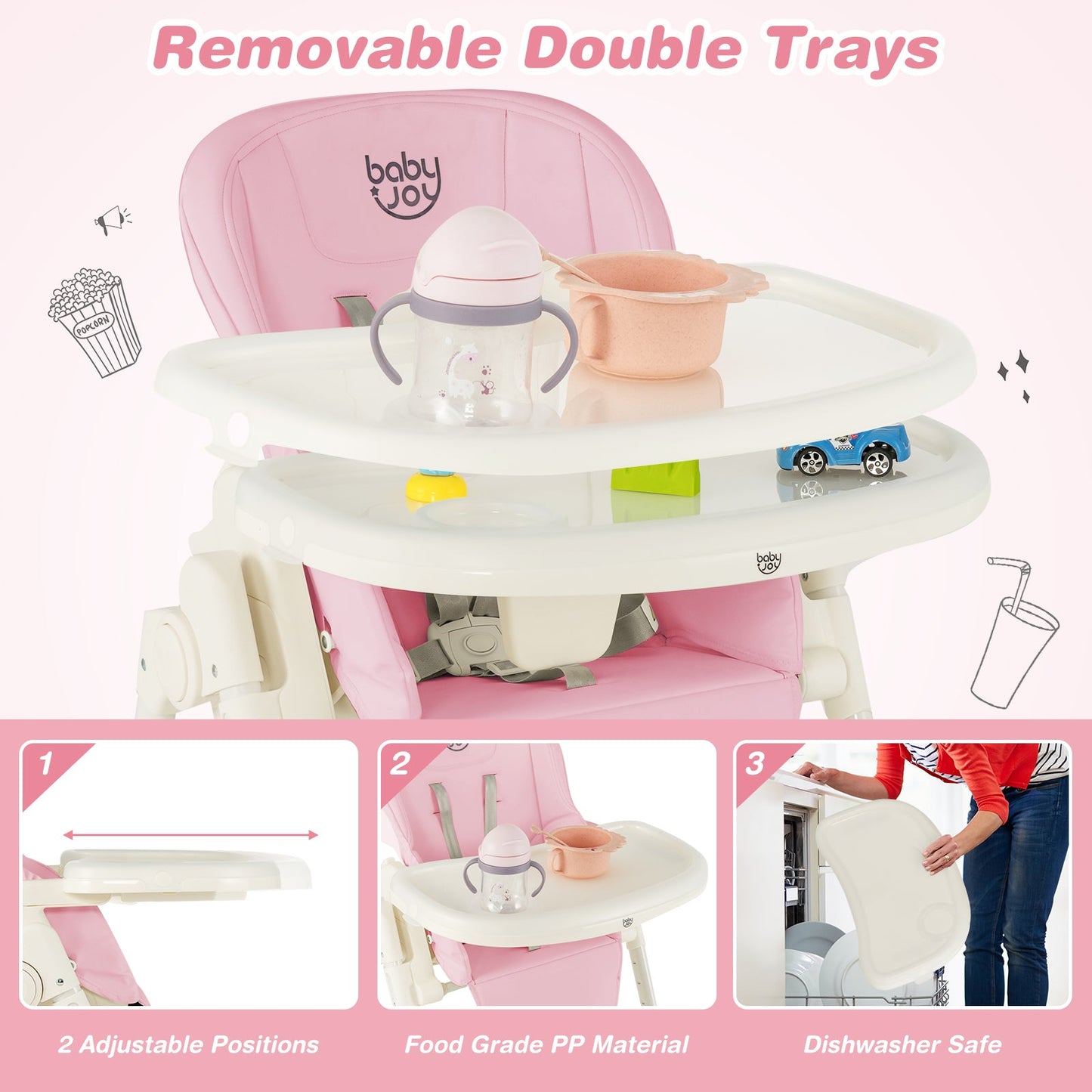 4-in-1 Baby High Chair with 6 Adjustable Heights-Pink