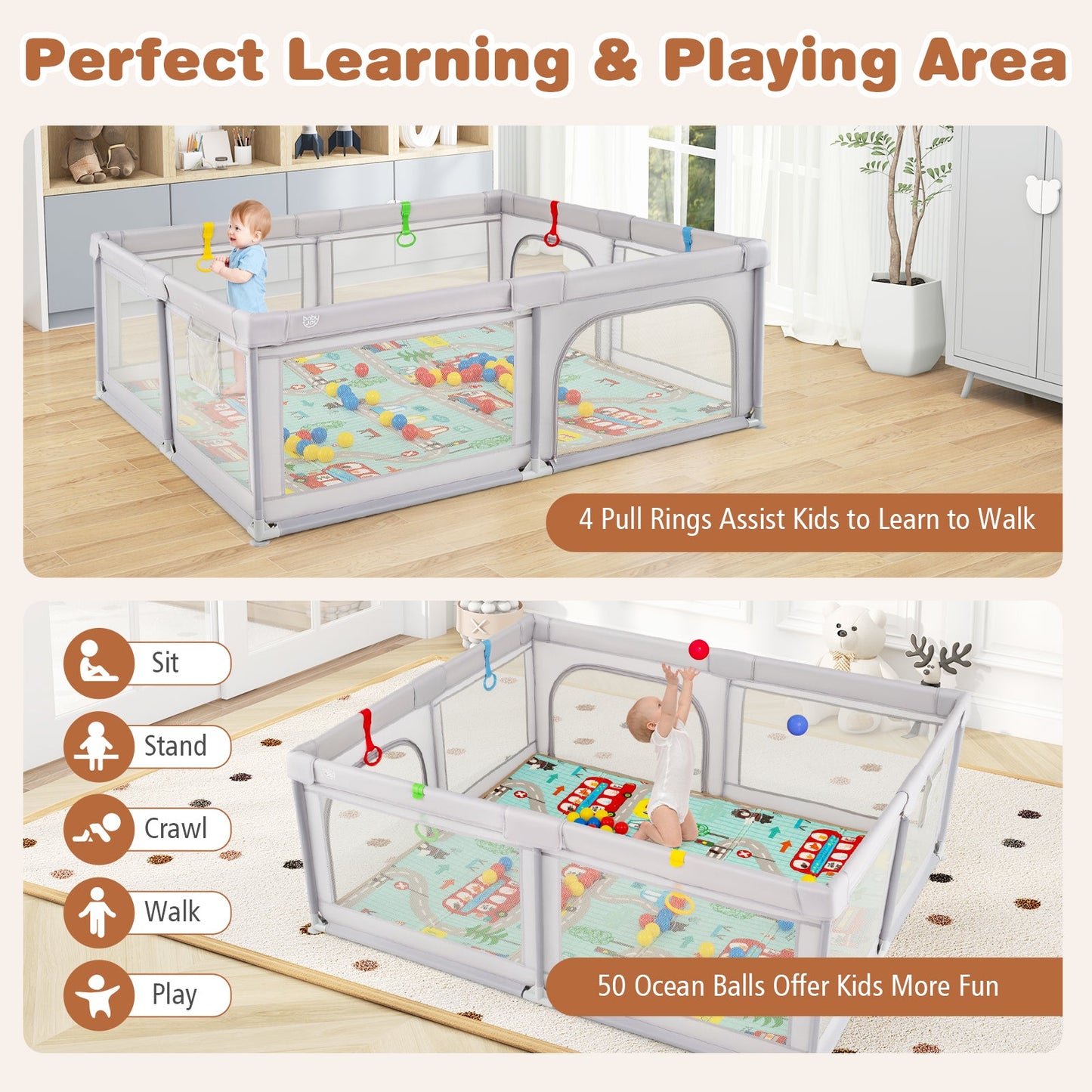 Baby Playpen with Mat and Breathable Mesh-Gray
