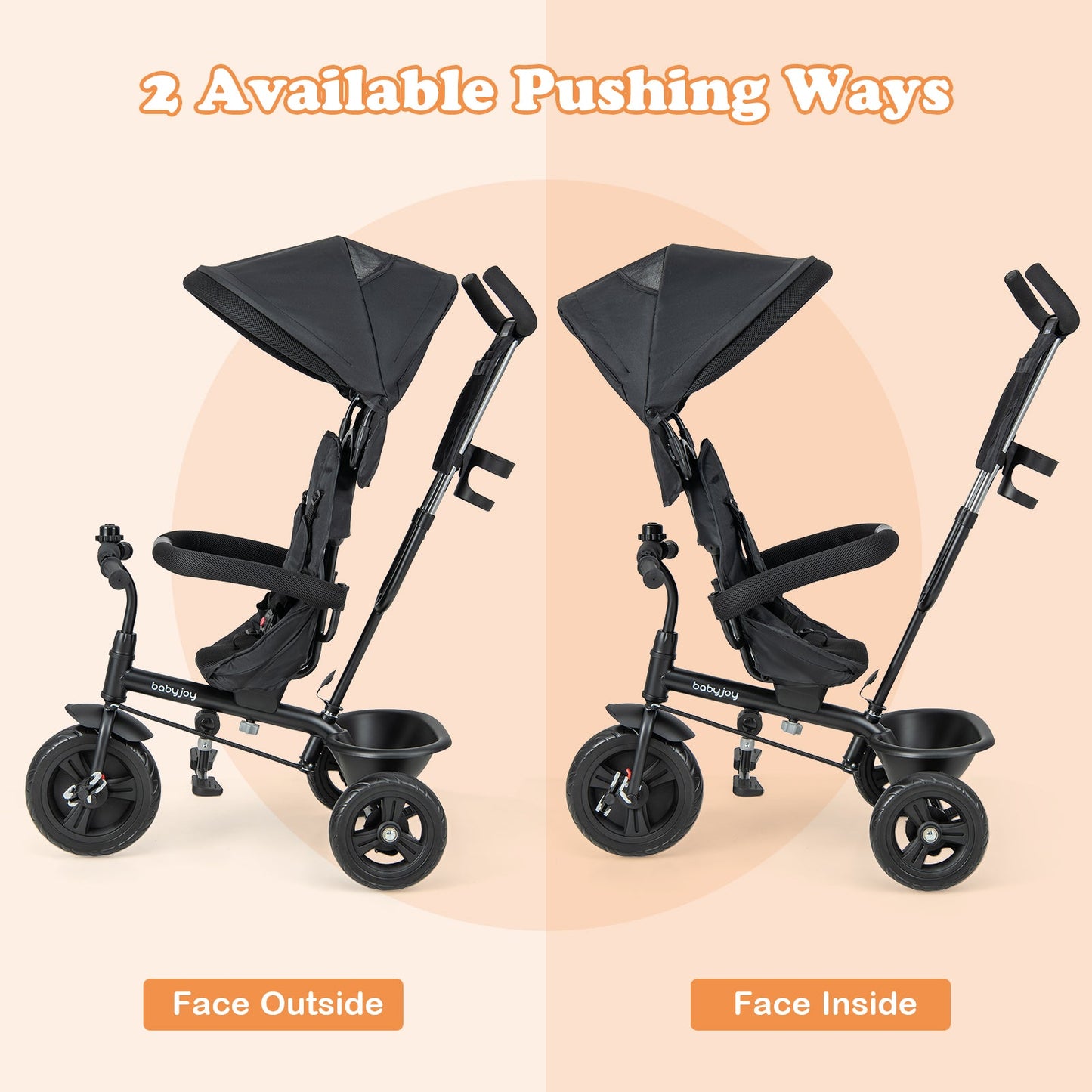 4-in-1 Baby Trike Kids Tricycle with Removable Canopy and Adjustable Push Handle-Black