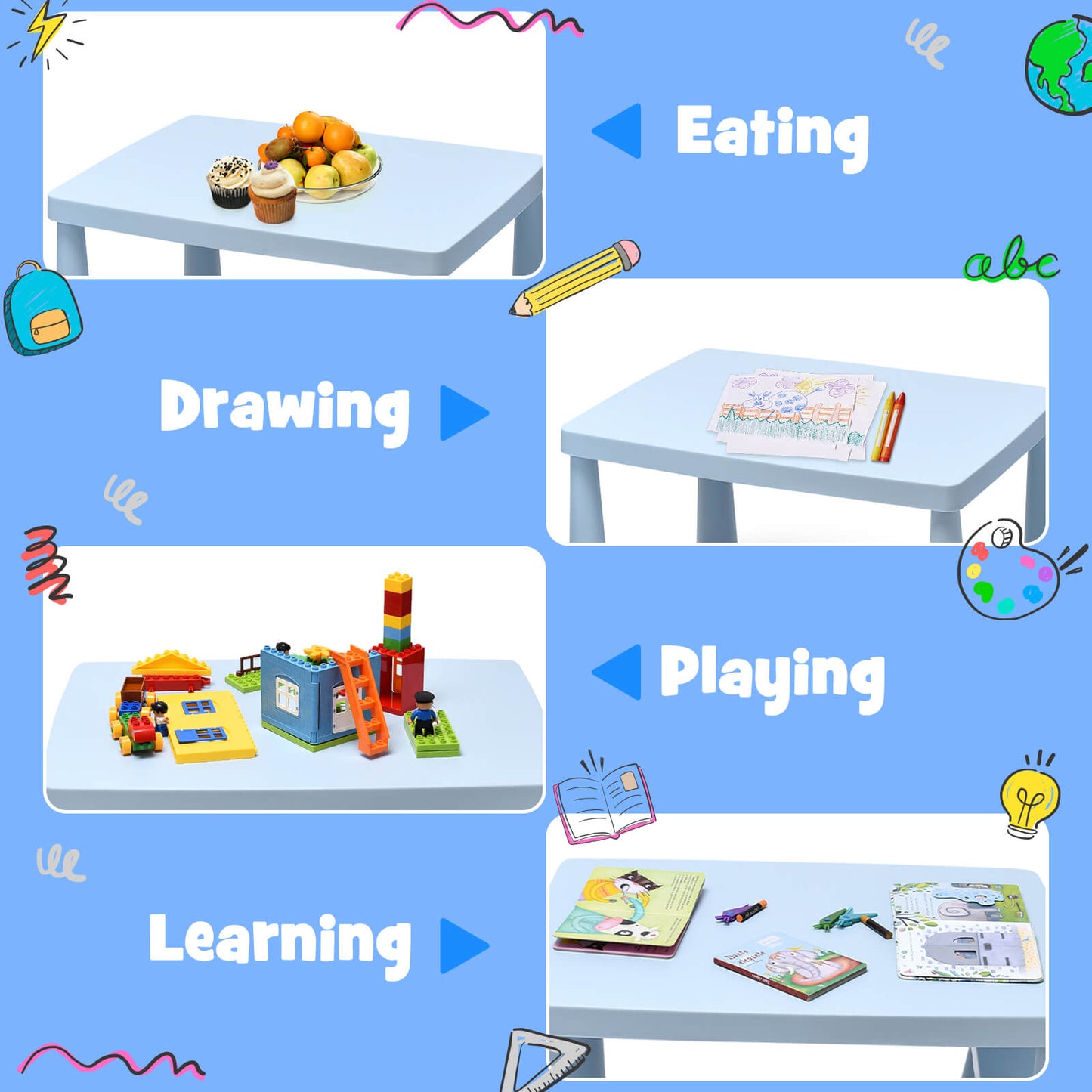 3 Pieces Toddler Multi Activity Play Dining Study Kids Table and Chair Set-Blue