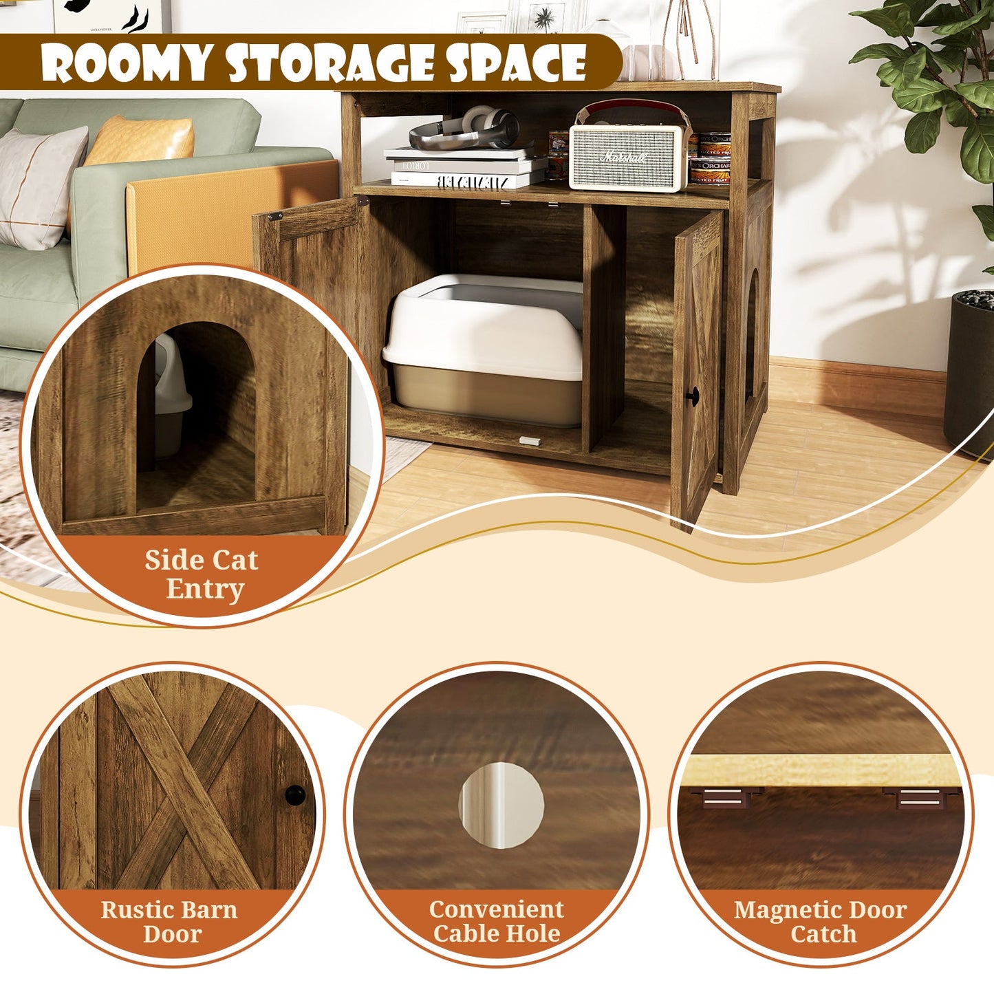 Cat Litter Box Enclosure with Double Barn Doors  Divider  Side Entry and Storage Shelf