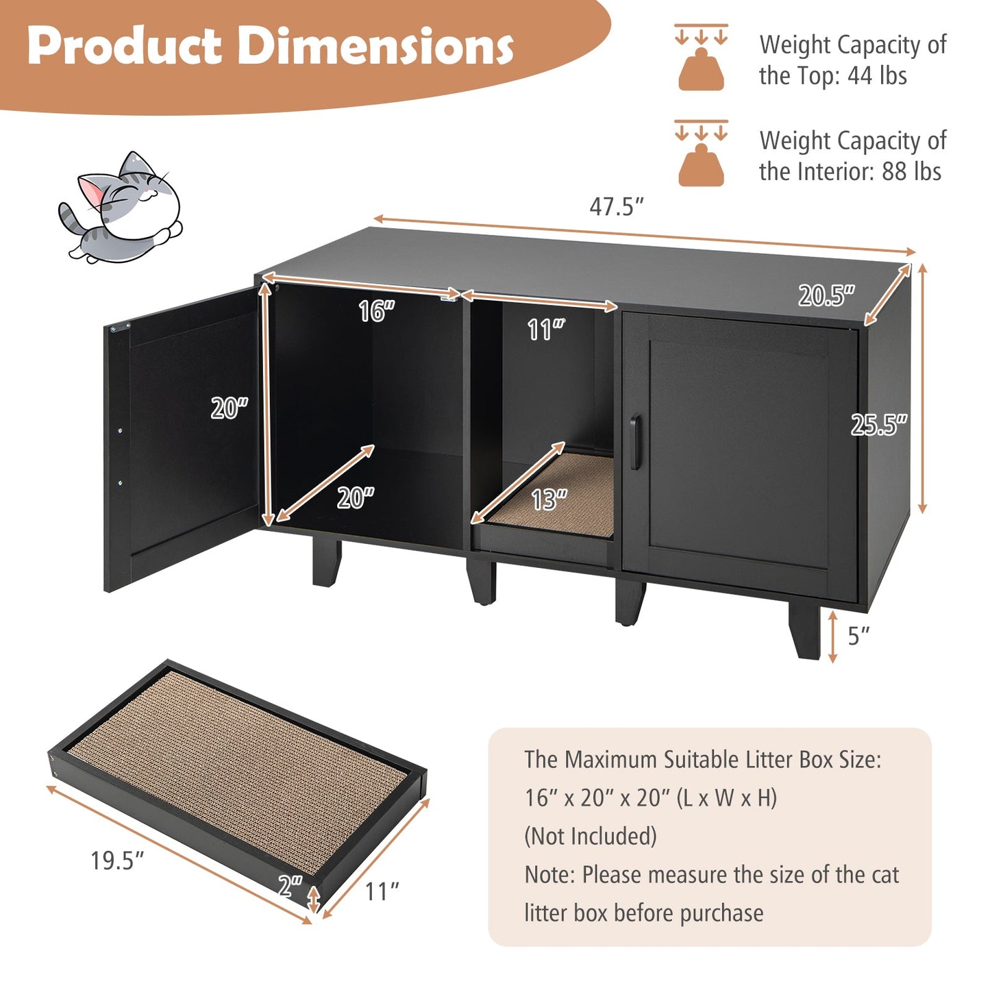 2-Door Cat Litter Box Enclosure with Winding Entry and Scratching Board-Black