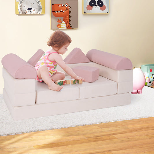 9-Piece Climb and Crawl Foam and Floor Playset with Breathable Suede Fabric-Pink