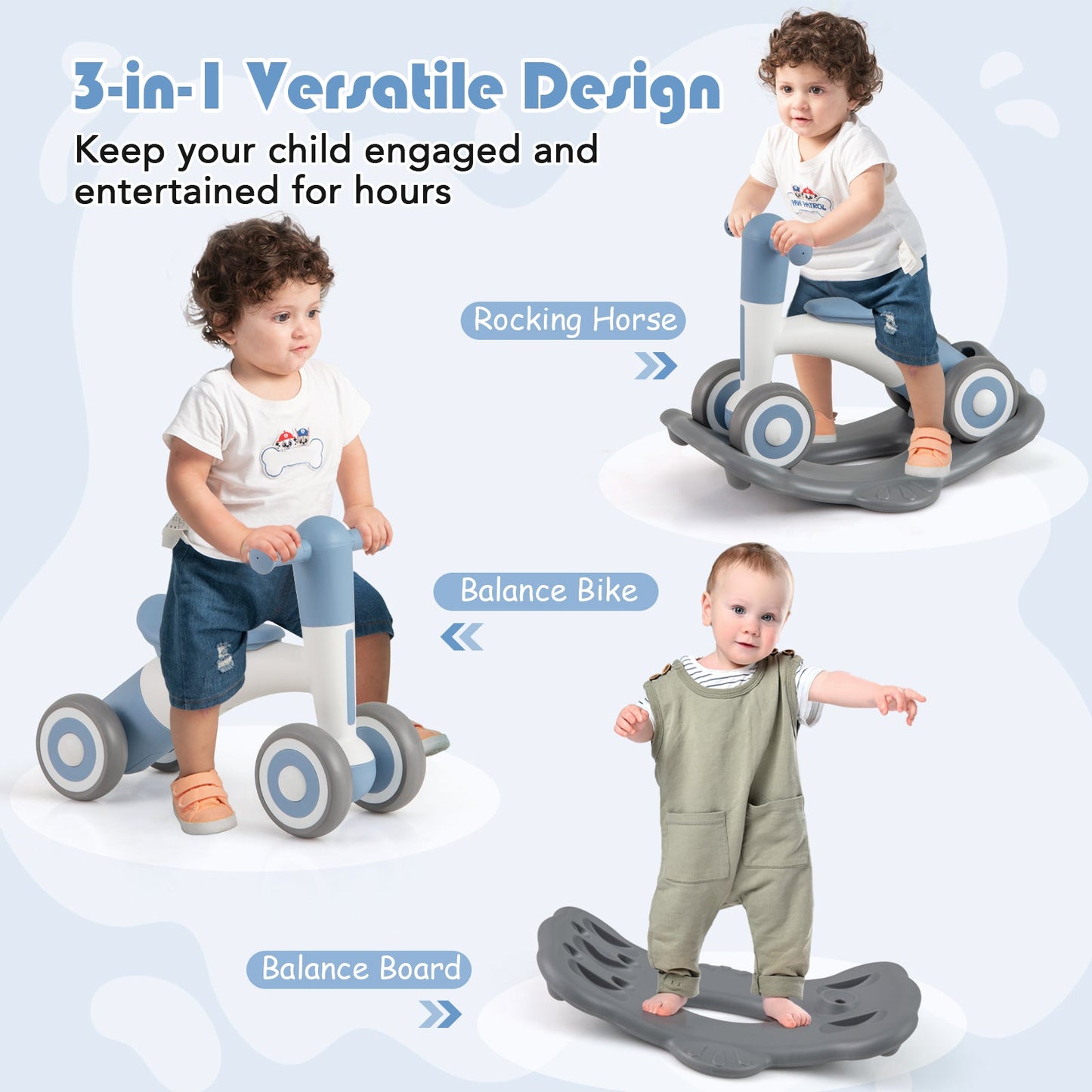 3 in 1 Rocking Horse with Detachable Balance Board and Seat-Gray