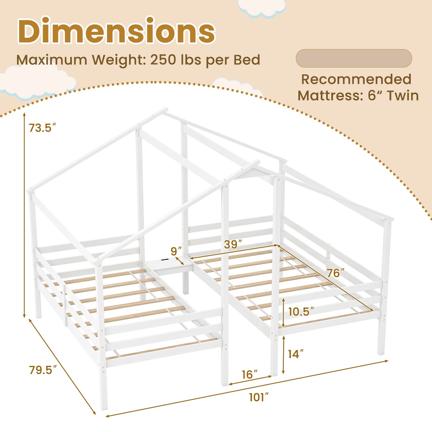 Double Twin Size Wooden Bed Frames with Built-in Table for Kids-White