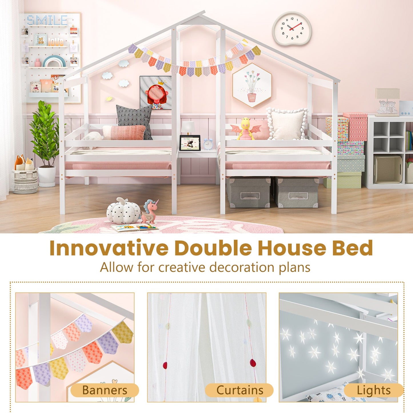 Double Twin Size Wooden Bed Frames with Built-in Table for Kids-White