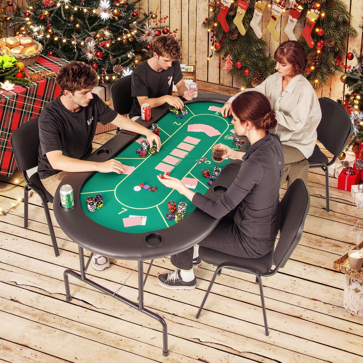 72 x 36 x 30.5 Inch Foldable Poker Table with 8 Cup Holders-Green