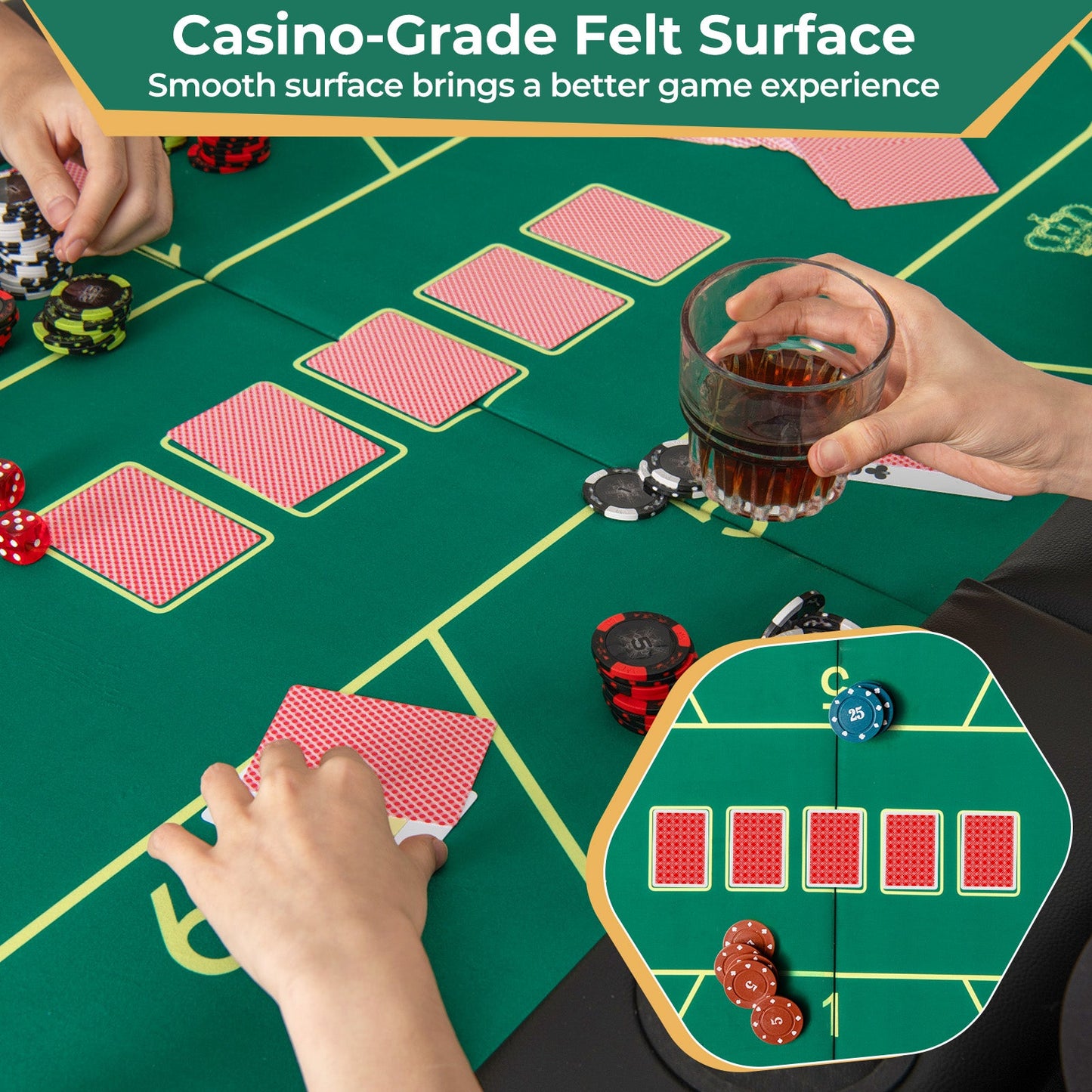 72 x 36 x 30.5 Inch Foldable Poker Table with 8 Cup Holders-Green