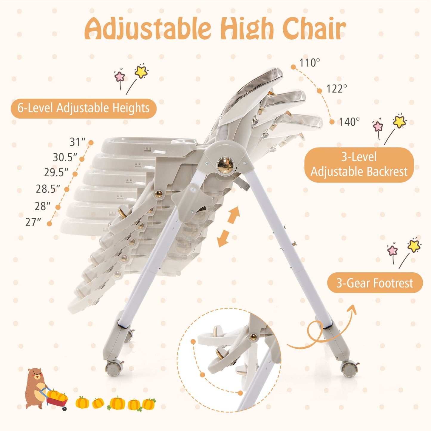 Folding Baby Dining High Chair with Adjustable Height and Recline-Gray