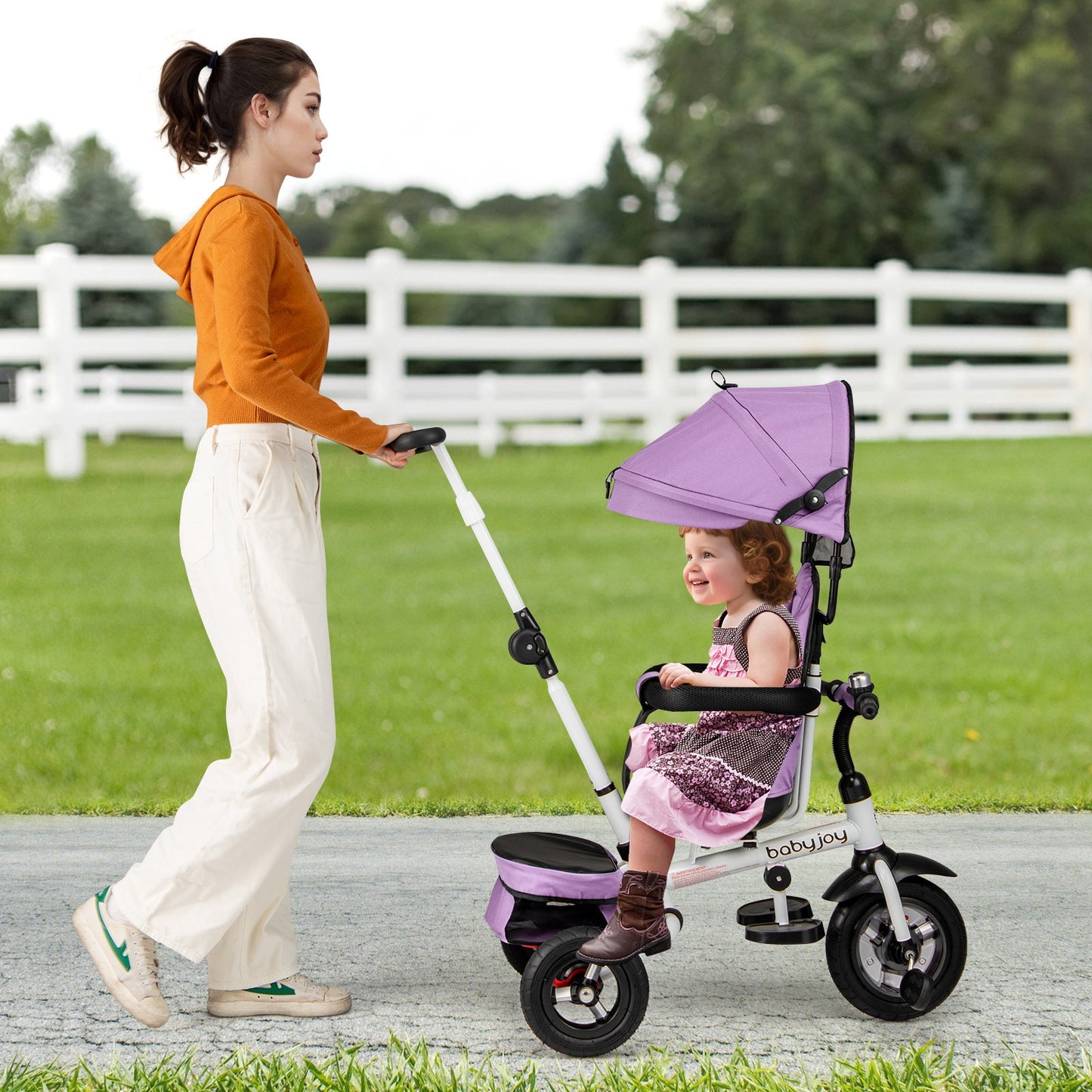 Folding Tricycle Baby Stroller with Reversible Seat and Adjustable Canopy-Pink