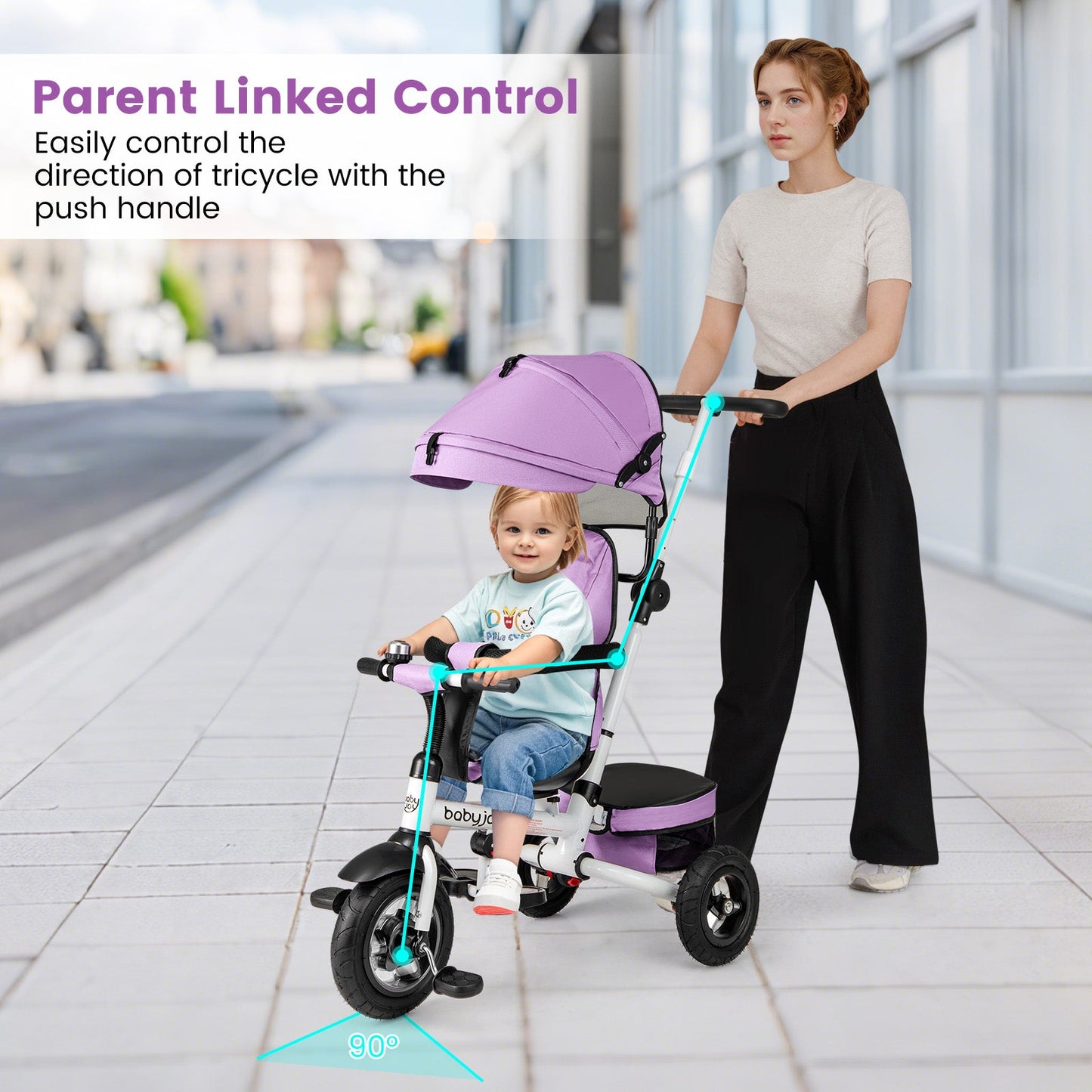 Folding Tricycle Baby Stroller with Reversible Seat and Adjustable Canopy-Pink