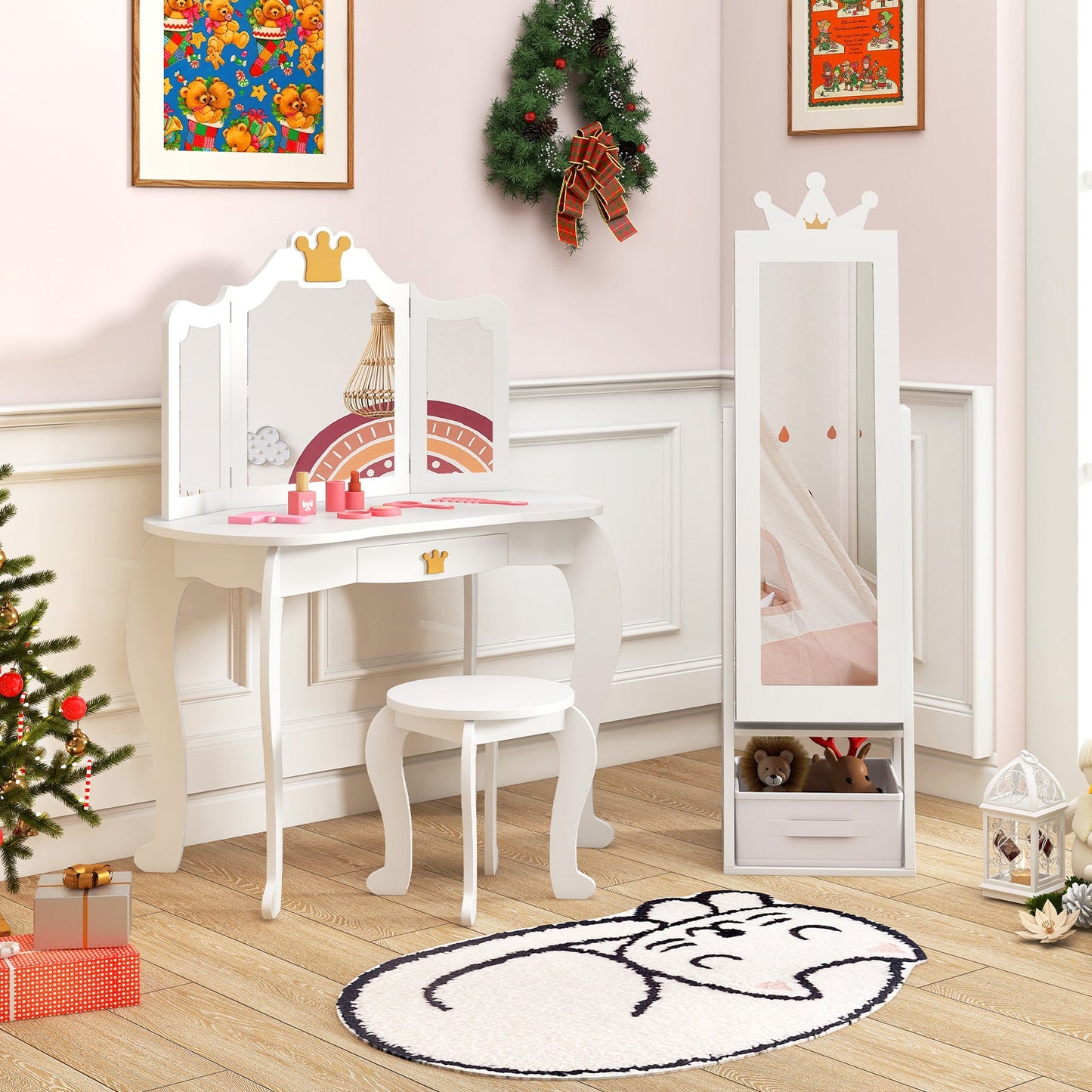 Free-Standing Full Length Kids Jewelry Armoire Cabinet with Storage Capacity-White