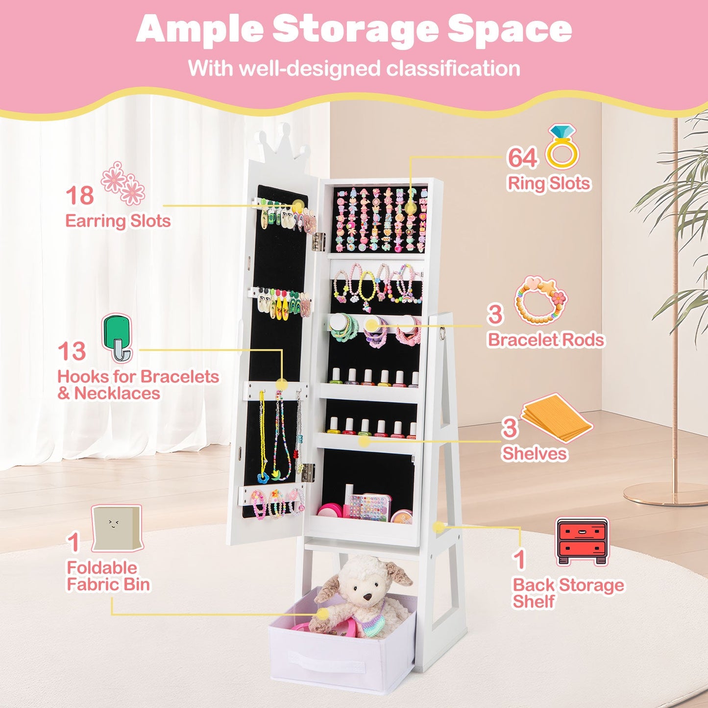 Free-Standing Full Length Kids Jewelry Armoire Cabinet with Storage Capacity-White