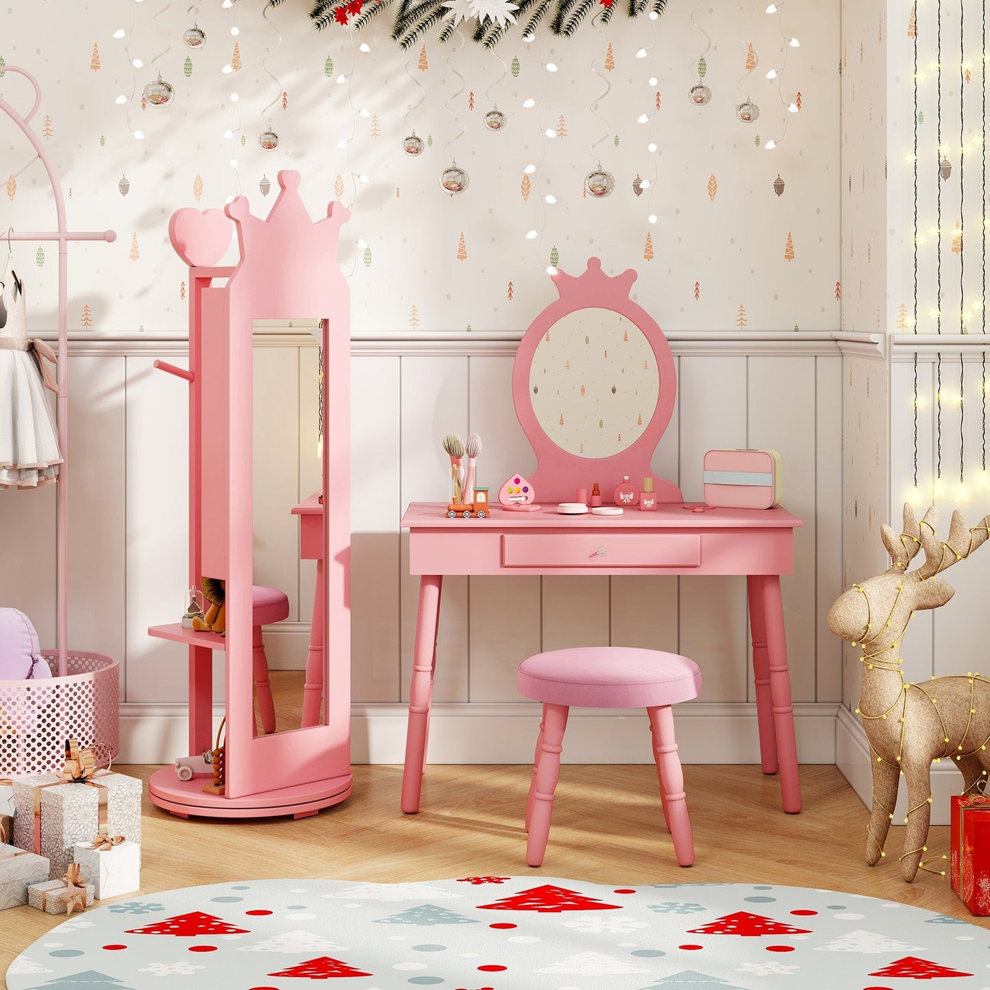 Free-Standing Full Length Mirror Kids Jewelry Armoire Cabinet-Pink