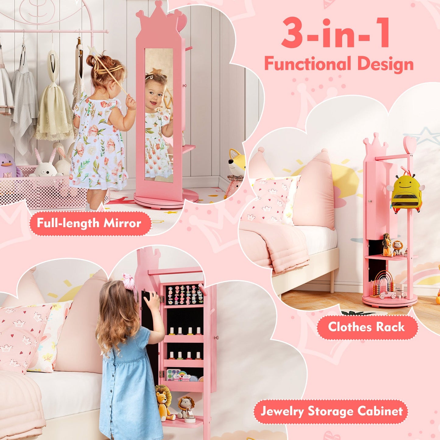 Free-Standing Full Length Mirror Kids Jewelry Armoire Cabinet-Pink