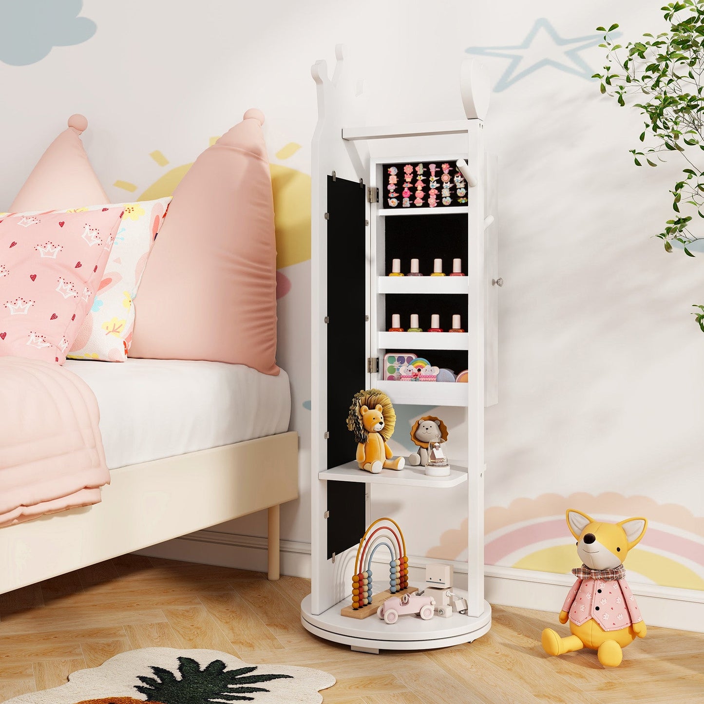Free-Standing Full Length Mirror Kids Jewelry Armoire Cabinet-White