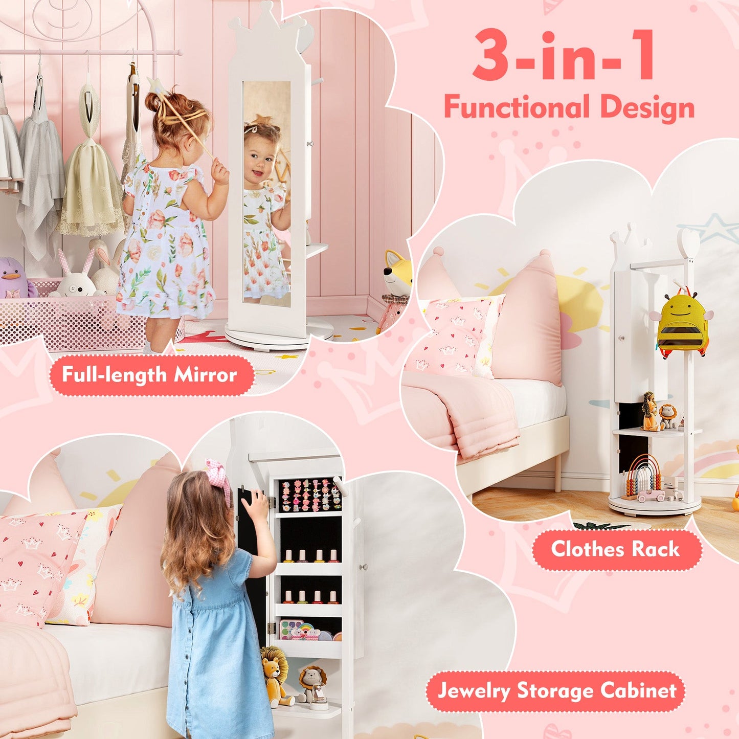 Free-Standing Full Length Mirror Kids Jewelry Armoire Cabinet-White