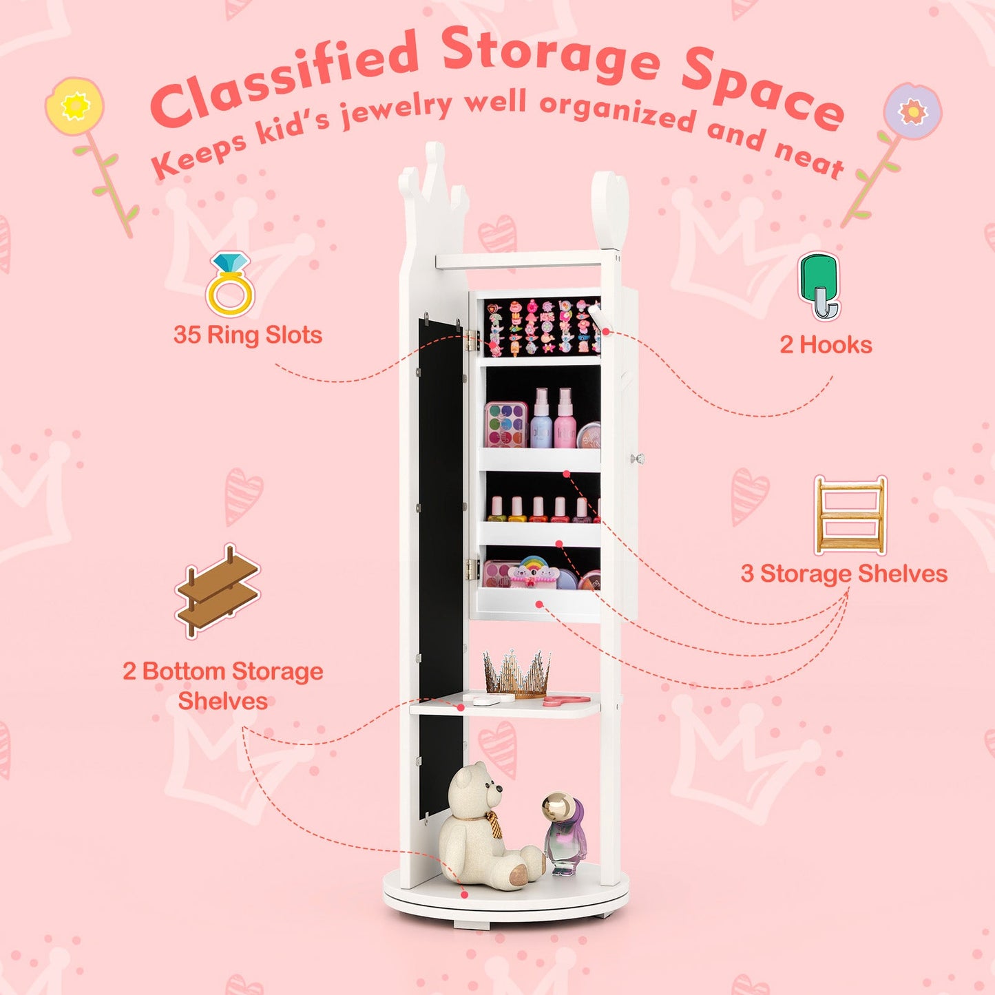 Free-Standing Full Length Mirror Kids Jewelry Armoire Cabinet-White