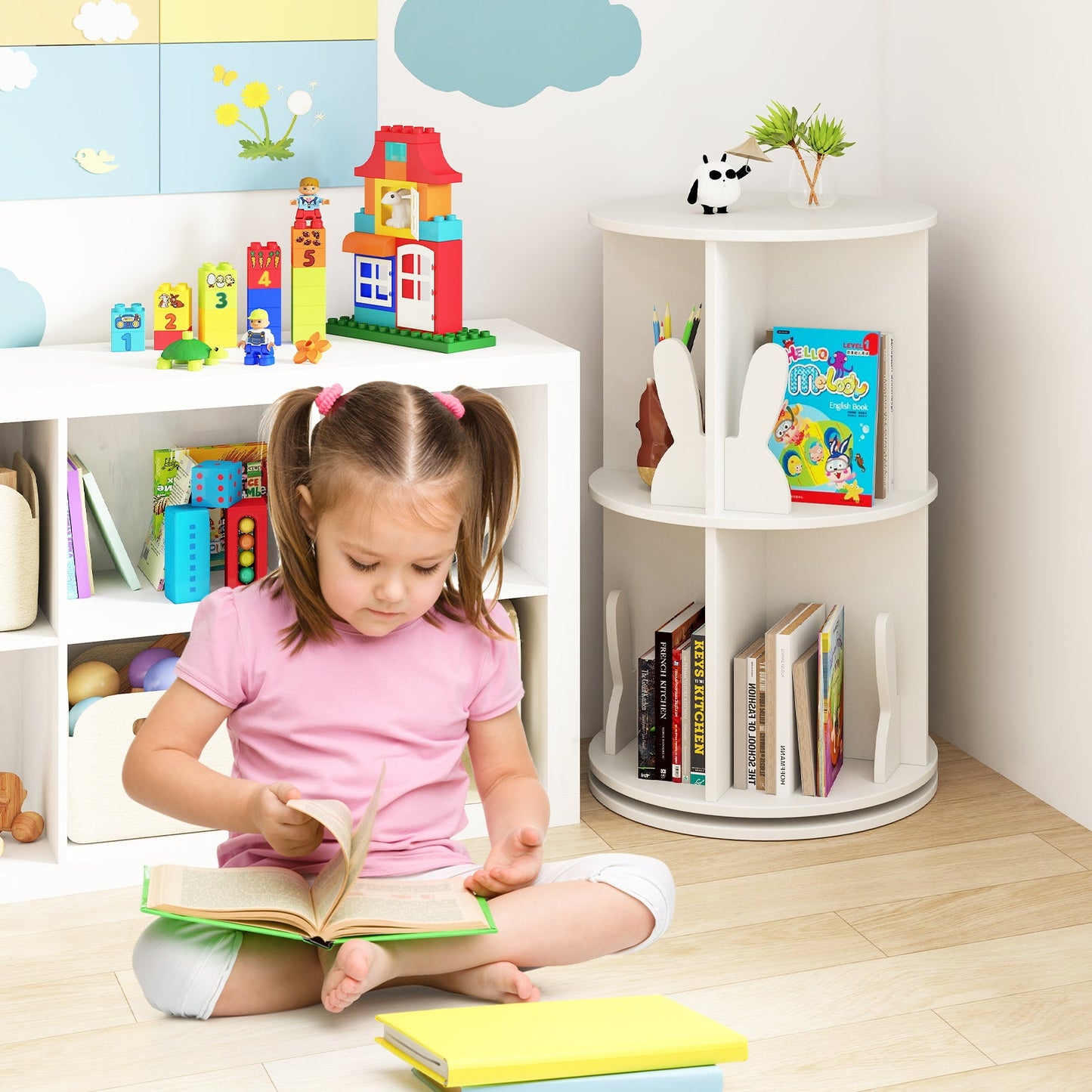 2 Tier Freestanding Kids Rotating Bookshelf Storage Rack with Bunny Baffles-White