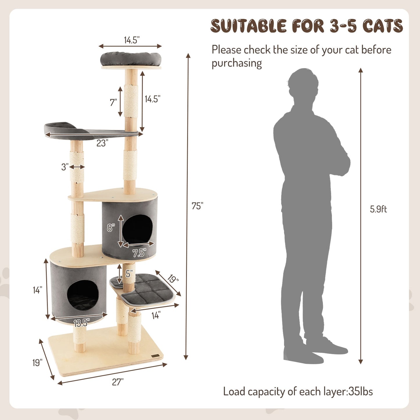 6-Tier Wooden Cat Tree with 2 Removeable Condos Platforms and Perch-Gray