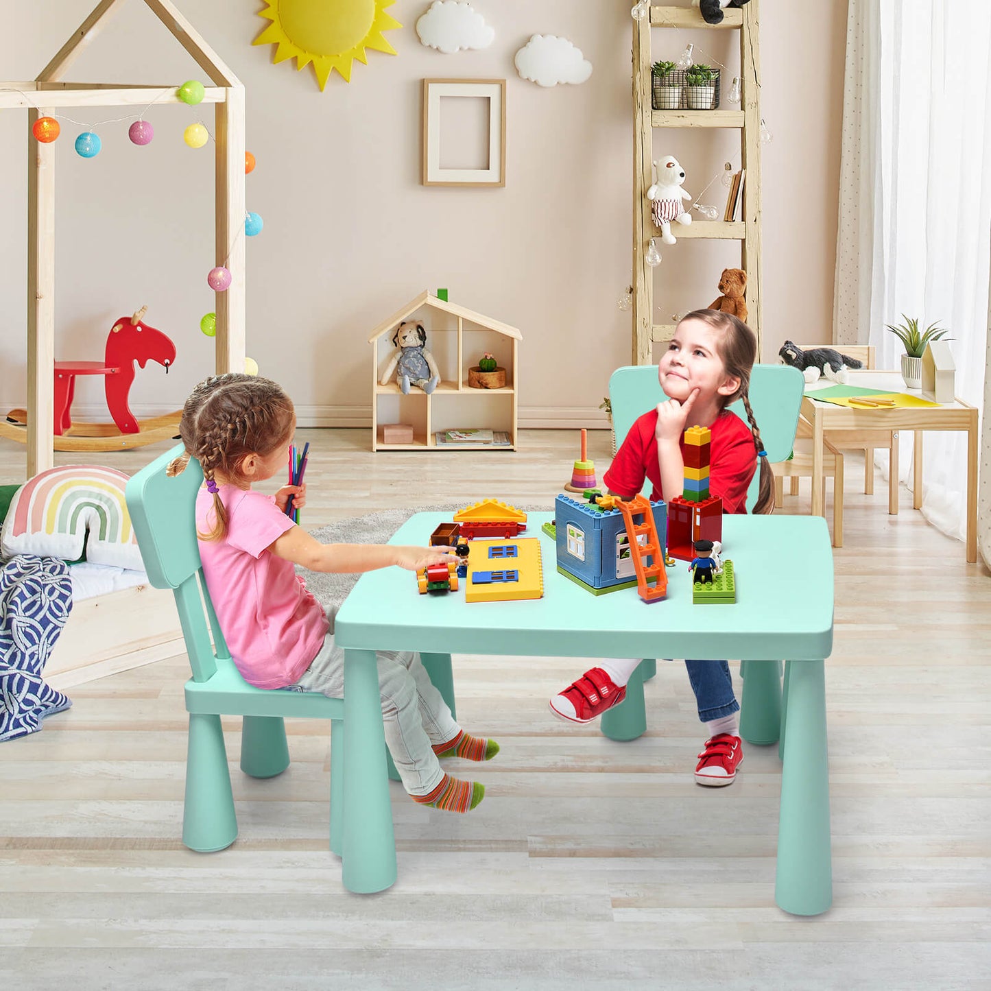 3 Pieces Toddler Multi Activity Play Dining Study Kids Table and Chair Set-Green