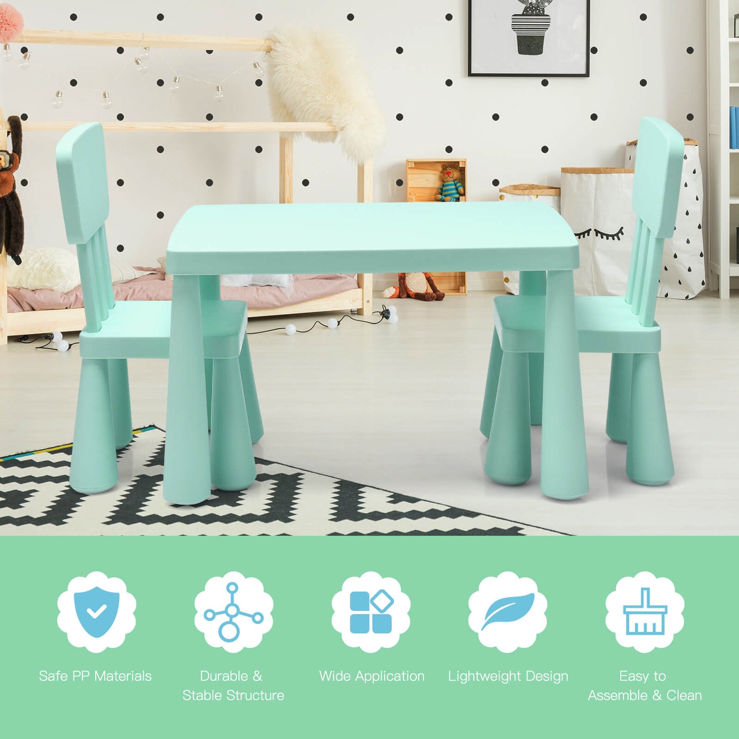 3 Pieces Toddler Multi Activity Play Dining Study Kids Table and Chair Set-Green