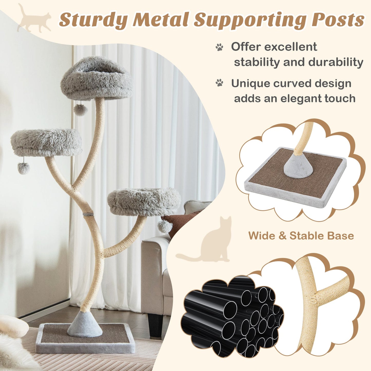 70 Inch Tall Cat Tree 4-Layer Cat Tower with 3 Perches and Dangling Balls-Gray