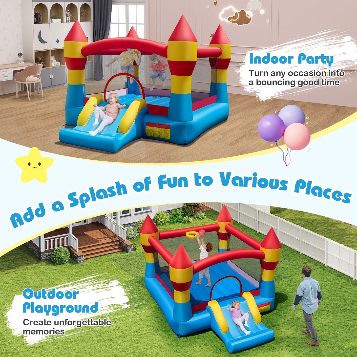 3-in-1 Kids Bouncer with Slide with 480W Blower for Yard